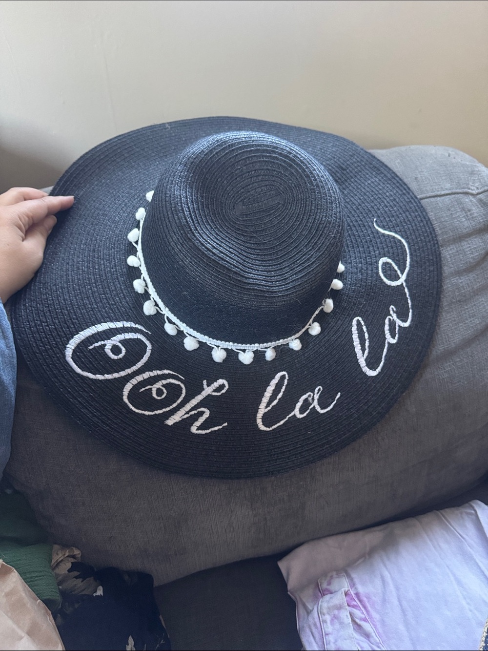 Black Embroidered 'Ooh La La' Wide-Brim Sun Hat with Pom Trim